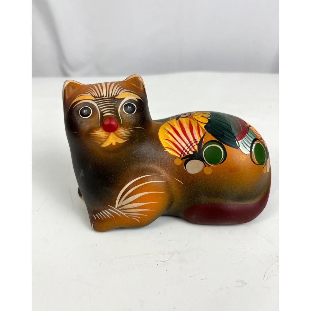 Vintage Mexican Folk Art Cat Figurine‎ Hand Painted Pottery Tonala Style